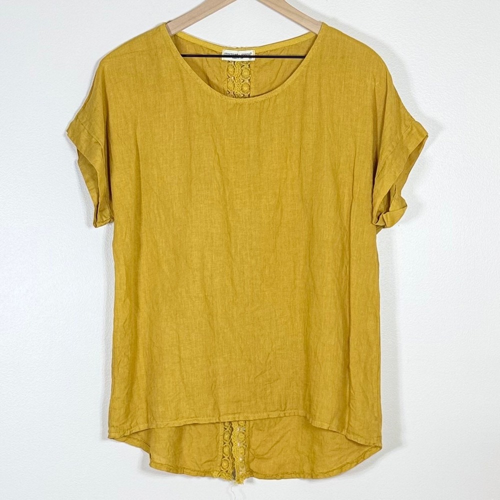 Terzo Millennio Womens Linen Top M Yellow Crochet Back Made in Italy Lagenlook